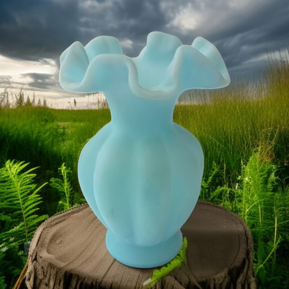 Fenton Satin Art Glass Vase Sky‎ Blue Melon Ruffled Edge Vintage Cottage Garden